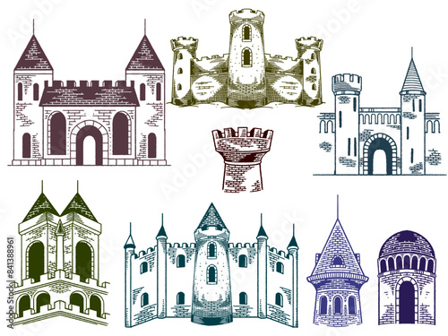 Medieval castles drawing ancient building set. Historical european castle in engraving style vector.
