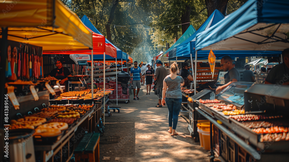 
Busy marketplace showcasing rows of discounted barbecue equipment under colorful tents