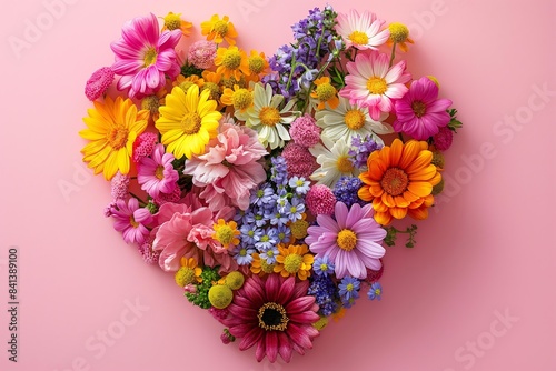 Title: "Heart-Shaped Floral Arrangement on Soft Pink Background"  Keywords: Heart-Shaped Floral Arrangement, Soft Pink Background, Floral Heart, Pink Background, Beautiful Flowers, Flower Arrangement, © Pukan