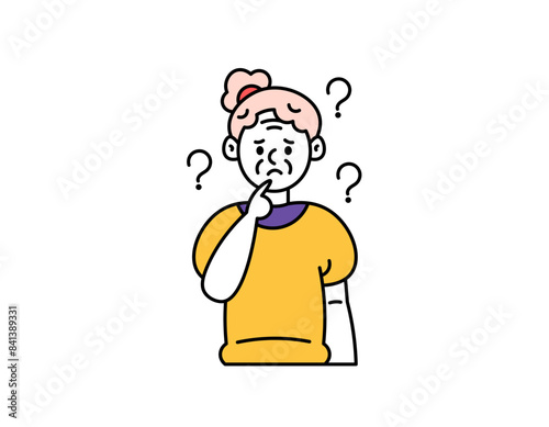 Illustration of a confused grandmother. Experiencing memory problems or memory impairment. suffering from Dementia, Alzheimer's, or Amnesia. senile old man. Character Illustration. outline style