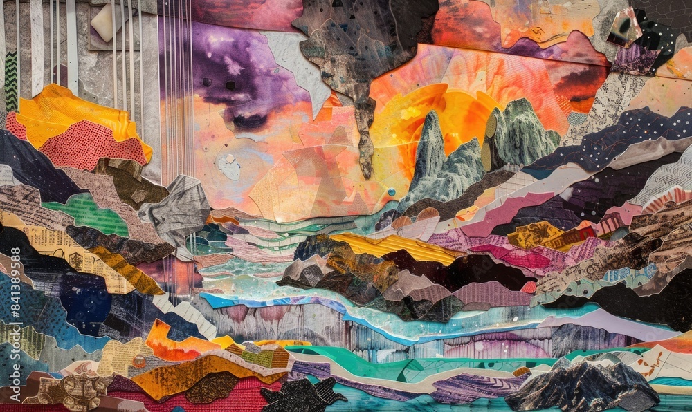 A colorful painting of a mountain range with a river running through it A colorful painting of a mountain range with a river running through it