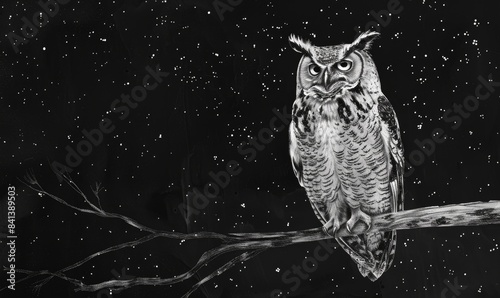 A black and white owl is perched on a branch in the dark