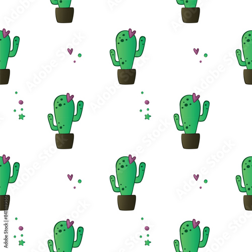 Hand drawn vector print with cactus. Seamless summer pattern. 