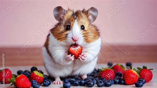 A sweet rodent in a fruity dawn: A hamster and a strawberry in each other's arms