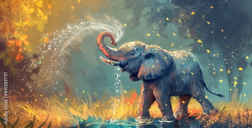 A painting of a baby elephant spraying water from its trunk © TheoTheWizard