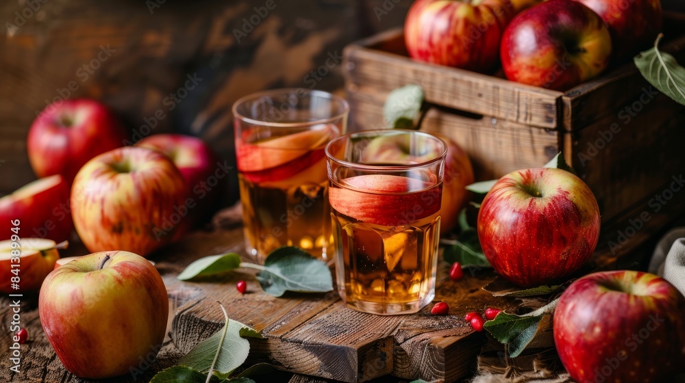 Glasses of fresh apple juice with whole red apples Glasses of fresh apple juice with whole red apples