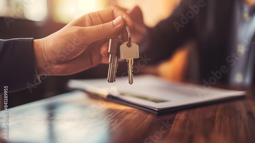  Close-up of hands exchanging house keys over a contract