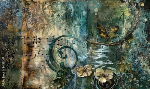 Fototapeta Naklejka Na Ścianę i Meble -  Mixed media abstract artwork exploring the connection between music and nature