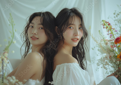 two beautiful Japanese women sitting back toback, one with long hair and the other short. The woman on her right has shoulderlength brown hair wearing an offtheshoulder top photo