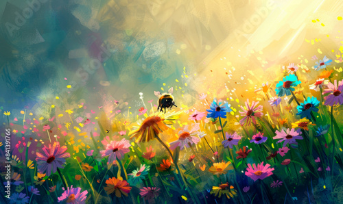 Pastel illustration of a happy bee buzzing among colorful wildflowers in a sun-drenched meadow photo
