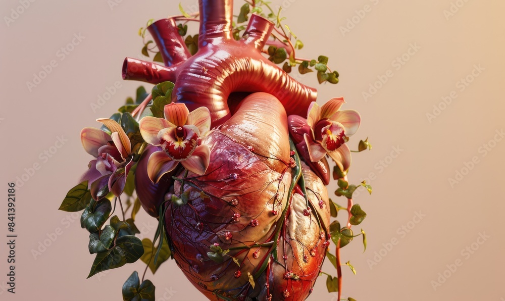 Naklejka premium Realistic model of a human heart adorned with orchids and ivy