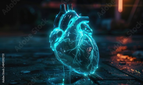 Realistic model of a human heart glowing with blue light photo