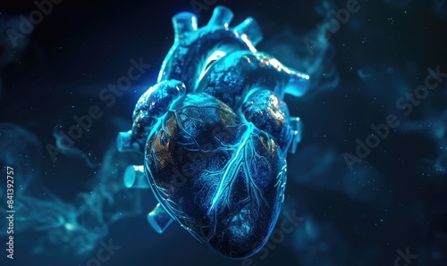 Realistic model of a human heart glowing with blue light