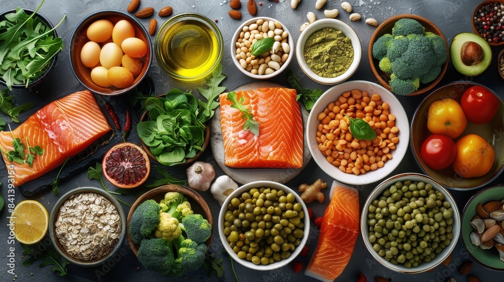 Healthy food diet laid out on a table. top view. Generative AI. Healthy food diet laid out on a table. top view. Generative AI.