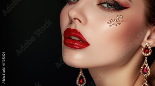 Glamorous Woman with Bold Red Lips and Elegant Makeup Featuring Rhinestone Accents and Matching Jewelry on Black Background