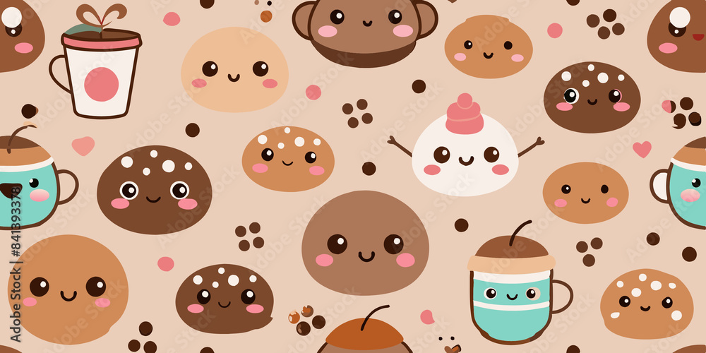 A hand-drawn illustration featuring various kawaii food items like cookies, cupcakes, and drinks with cute, expressive faces. The characters are surrounded by hearts and stars A hand-drawn illustration featuring various kawaii food items like cookies, cupcakes, and drinks with cute, expressive faces. The characters are surrounded by hearts and stars