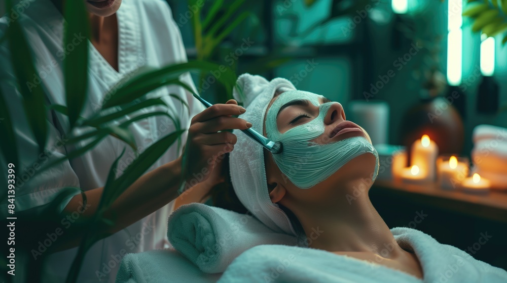 Obraz premium Relaxing Spa Treatment with Facial Mask Application in a Serene and Luxurious Setting