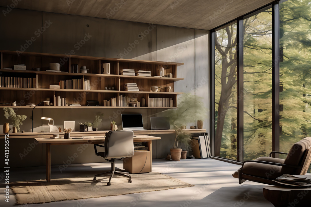 Design a home office modern within a Brutalist structure, using '70s era furniture to inject warmth and nostalgia into the stark, rugged surroundings.