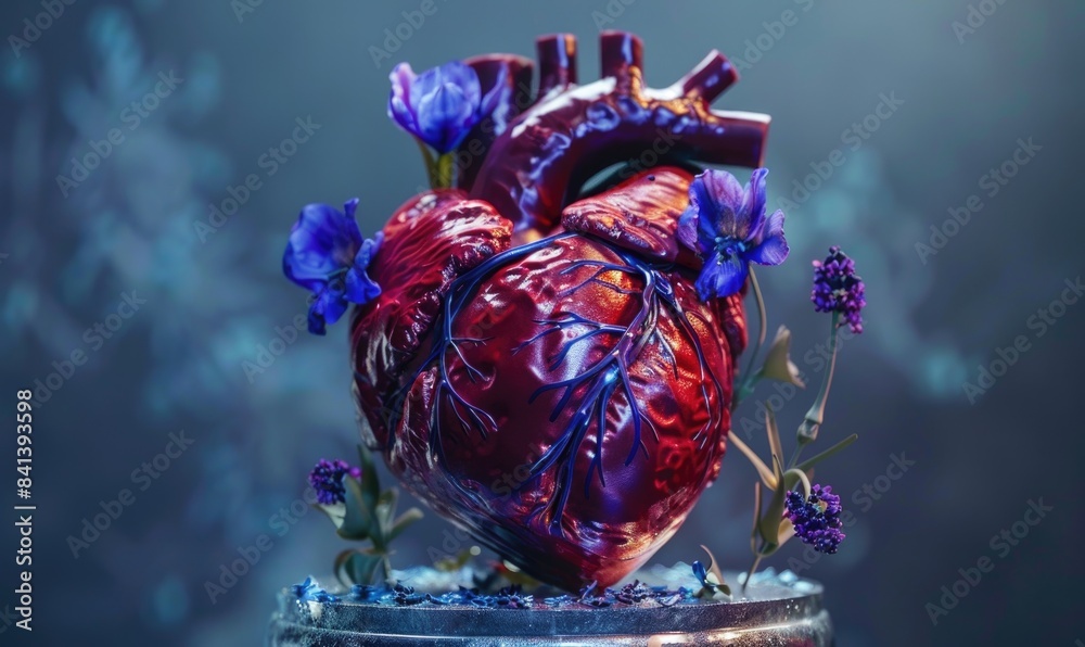 Naklejka premium Realistic model of a human heart on a silver pedestal, adorned with violets