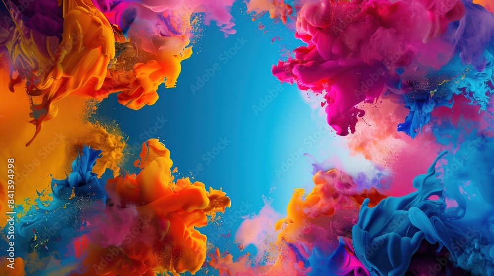 A colorful sky with a blue background and a rainbow of colors. The sky is filled with smoke and the colors are vibrant and bright