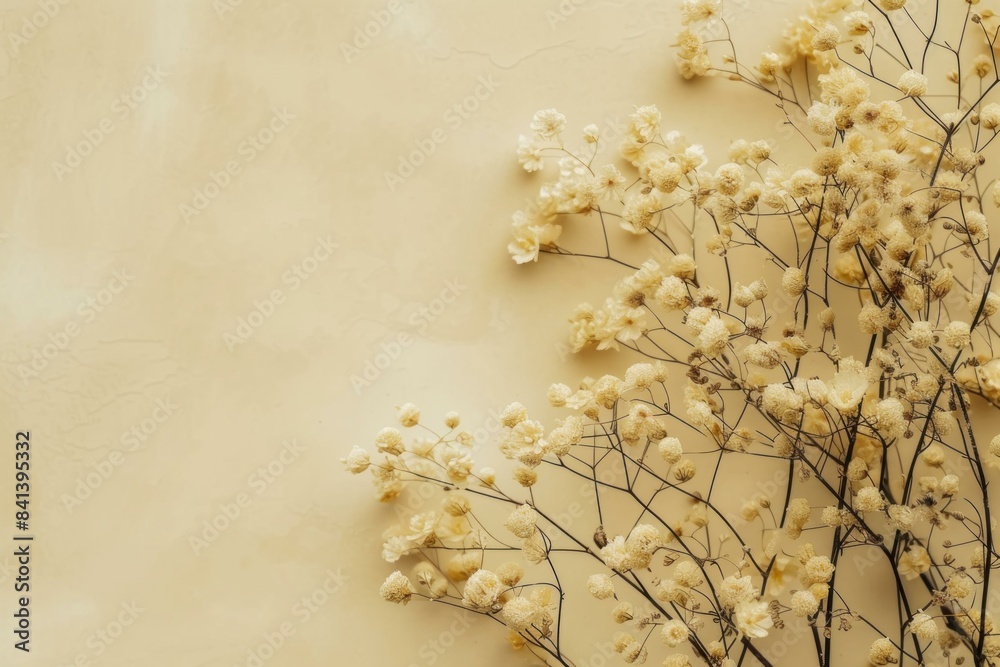 Subdued Beige minimalist background with dry flowers. Botanical decorative composition in bohemian style. Generate ai Subdued Beige minimalist background with dry flowers. Botanical decorative composition in bohemian style. Generate ai