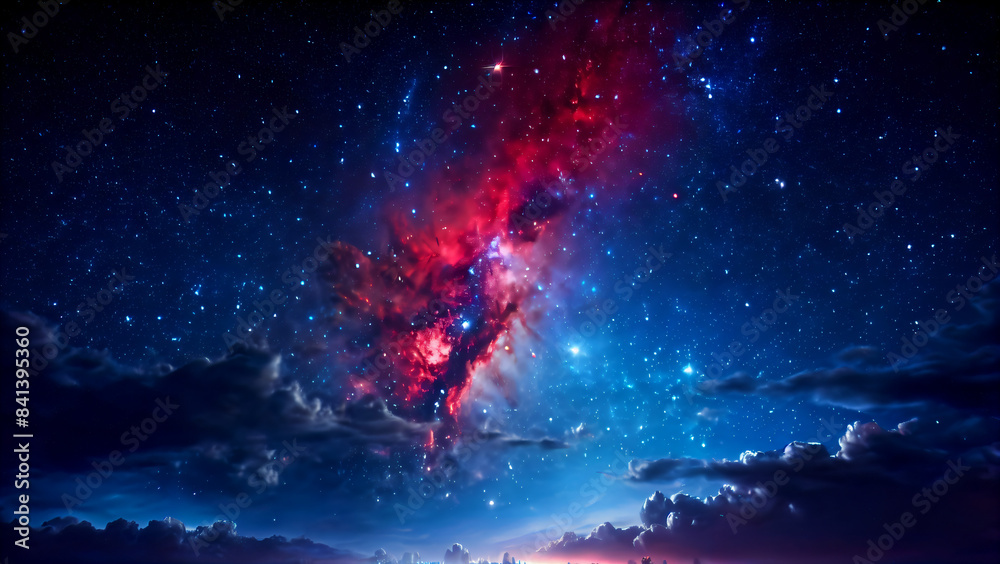 Alternative night sky: stars, Milky Way, galaxy, space, astronomy, clouds and nebulae, shades of red and blue, bright colors against the background of dark space Alternative night sky: stars, Milky Way, galaxy, space, astronomy, clouds and nebulae, shades of red and blue, bright colors against the background of dark space