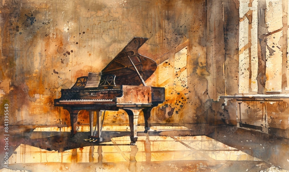 A painting of a grand piano in a room with a sun shining through the window