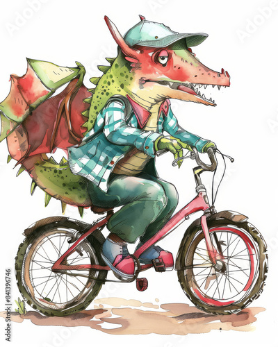Animal wear cloth riding bike watercolor on white background