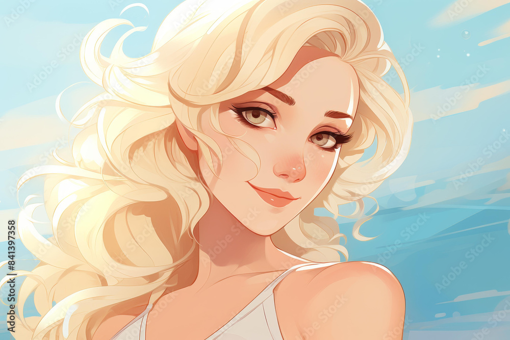 Vibrant cartoon portrait of a beautiful young woman with captivating smile. Vibrant cartoon portrait of a beautiful young woman with captivating smile.