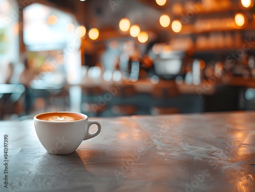 Espresso Cup on Modern Caf Table with Blurred Barista Background Coffee in a Cup Concept