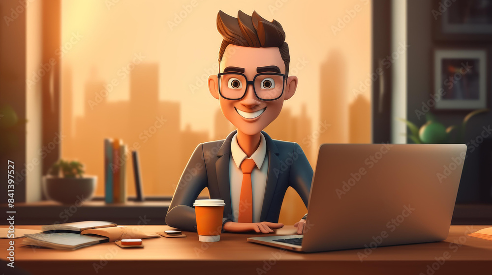 Cheerful man working on laptop in office with coffee cup, illustration for productivity concept. Cheerful man working on laptop in office with coffee cup, illustration for productivity concept.