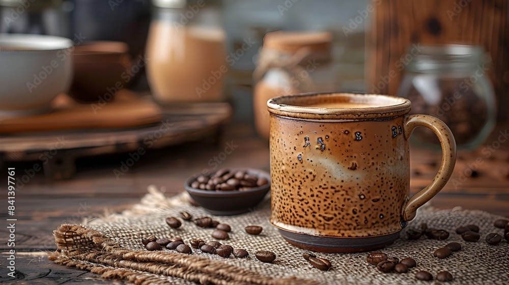 Handmade Pottery Mug with Coffee on Rustic Farmhouse Table Backdrop Handmade Pottery Mug with Coffee on Rustic Farmhouse Table Backdrop