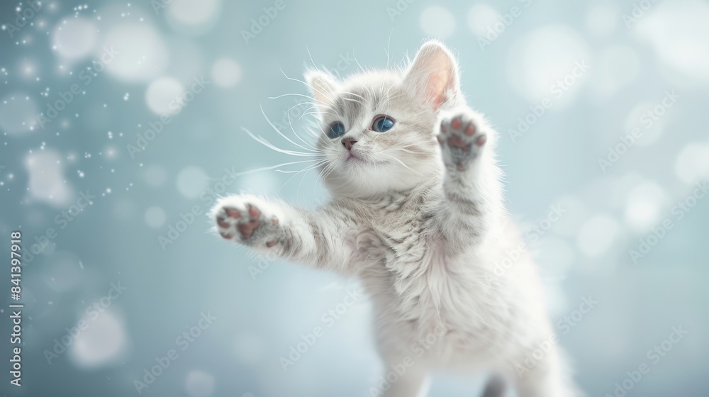 White kitten with blue eyes, raised paws, and a playful expression. The background is a soft blue with bokeh effects and snowflake-like particles, suggesting a wintry or festive theme White kitten with blue eyes, raised paws, and a playful expression. The background is a soft blue with bokeh effects and snowflake-like particles, suggesting a wintry or festive theme
