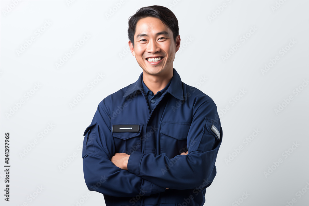 Smiling mechanic asian man on a white background. Automotive professions. Job offer. Job Search. Machine repair professions. Asian man. Asia. China. Japan. Image for graphic designer. AI. Smiling mechanic asian man on a white background. Automotive professions. Job offer. Job Search. Machine repair professions. Asian man. Asia. China. Japan. Image for graphic designer. AI.