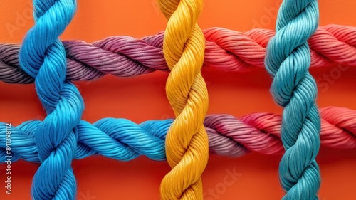 Colorful rope close-up representing the strength of a diverse team. Symbolizing partnership, teamwork, unity, communication, and support. Depicting a strong and diverse network in team building