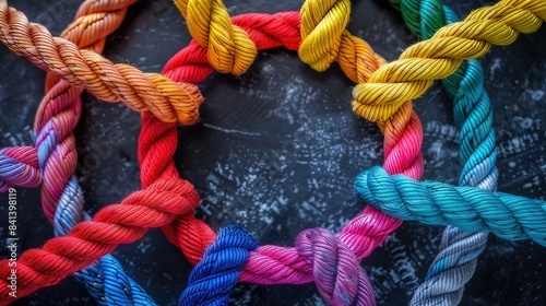 Colorful rope close-up representing the strength of a diverse team. Symbolizing partnership, teamwork, unity, communication, and support. Depicting a strong and diverse network in team building