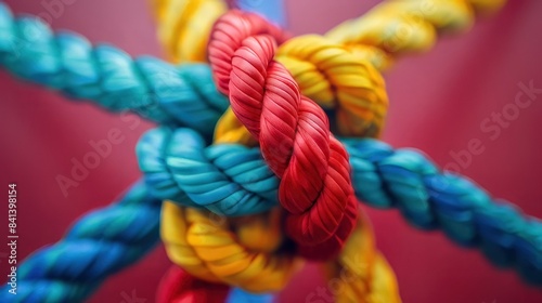 Colorful rope close-up representing the strength of a diverse team. Symbolizing partnership, teamwork, unity, communication, and support. Depicting a strong and diverse network in team building