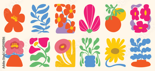 Botanical doodle background art vector set. Flower and leaves abstract shape doodle art design for print, wallpaper, clipart, wall art for home decoration.