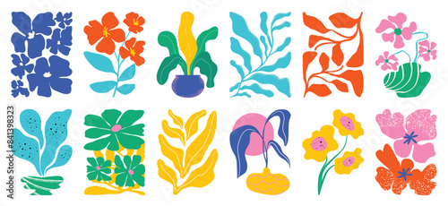 Botanical doodle background art vector set. Flower and leaves abstract shape doodle art design for print, wallpaper, clipart, wall art for home decoration.