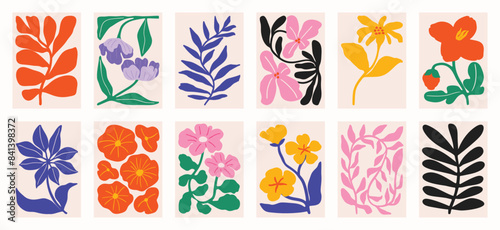 Botanical doodle background art vector set. Flower and leaves abstract shape doodle art design for print, wallpaper, clipart, wall art for home decoration.