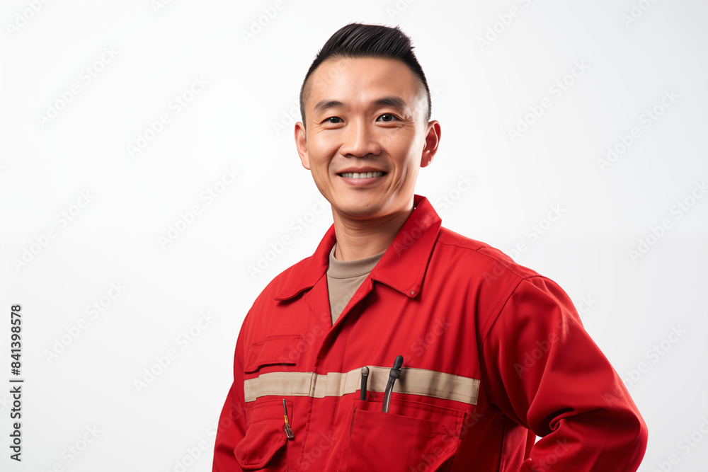 Smiling mechanic asian man on a white background. Automotive professions. Job offer. Job Search. Machine repair professions. Asian man. Asia. China. Japan. Image for graphic designer. AI. Smiling mechanic asian man on a white background. Automotive professions. Job offer. Job Search. Machine repair professions. Asian man. Asia. China. Japan. Image for graphic designer. AI.