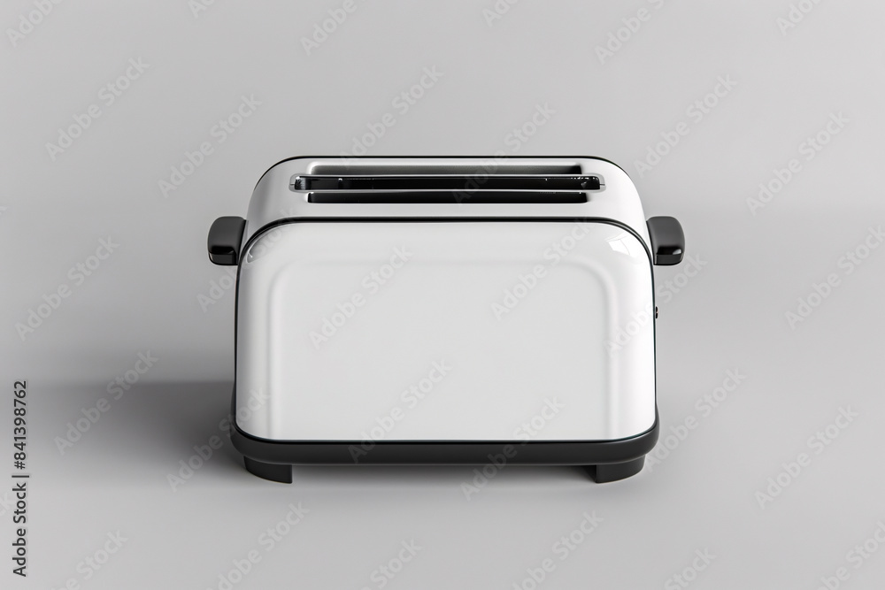 This realistic illustration presents a modern white toaster with a minimalist design, a perfect embodiment of contemporary tech and home aesthetics This realistic illustration presents a modern white toaster with a minimalist design, a perfect embodiment of contemporary tech and home aesthetics