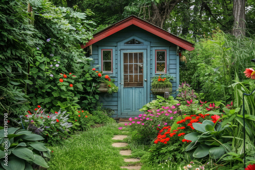 English back garden with shed amongst the plants. © Ruslan Gilmanshin