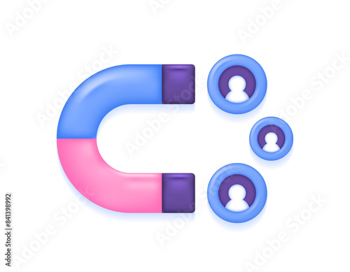 customer acquisition. attract the interest of customers, clients, buyers, or audiences. invite lots of friends. magnet illustration with people symbols. icon or symbol. minimalist 3d concept design