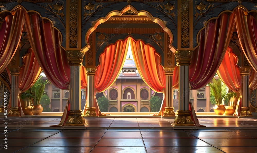 An Elegant Indian Musical Event Set Backdrop having arches, Generative AI An Elegant Indian Musical Event Set Backdrop having arches, Generative AI