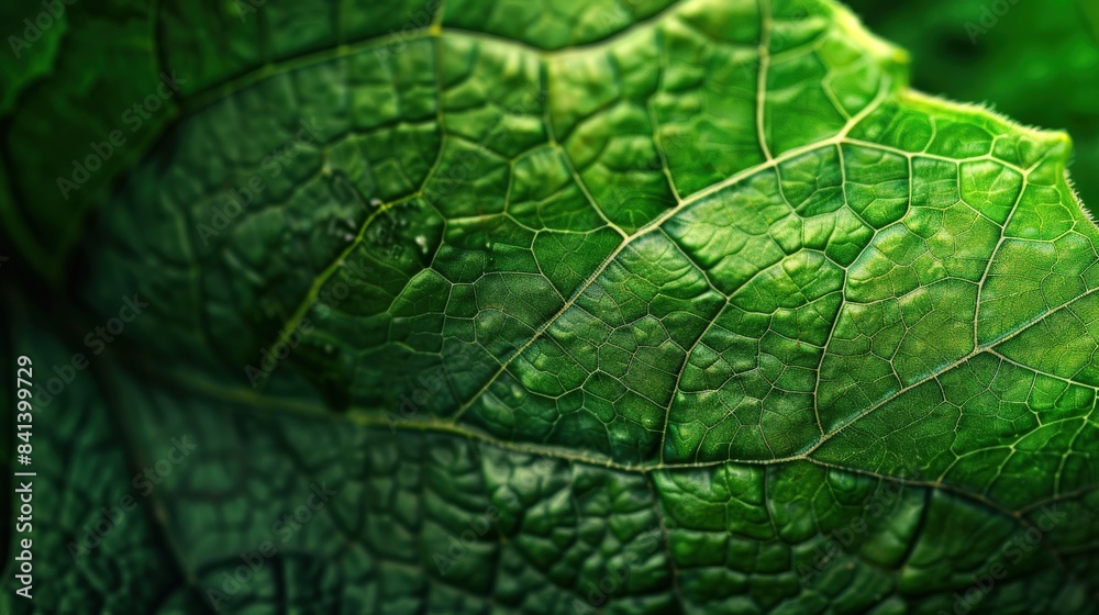 Obraz premium A close up of a leaf with a lot of detail. The leaf is green and has a lot of veins