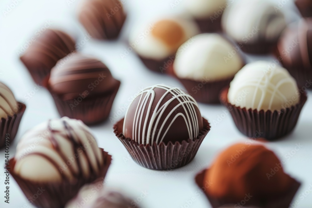 Assorted gourmet truffles with rich chocolate and smooth finishes, set against a clean background, highlighting a luxurious and indulgent treat Assorted gourmet truffles with rich chocolate and smooth finishes, set against a clean background, highlighting a luxurious and indulgent treat