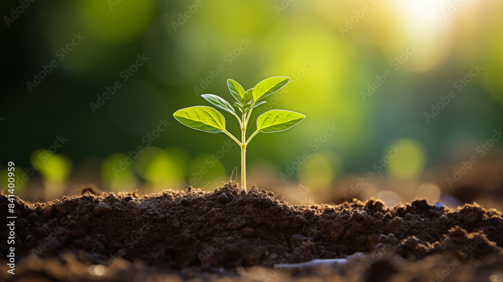 Fototapeta premium Plants growing from the soil in the forest with a blurred background. Young plant growing in sunlight.