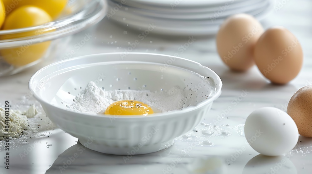 White bowl with egg and flour on marble table. There are also eggs on the table. The image is well lit and has a clean, fresh look.