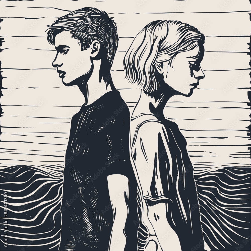 A young couple, a girl and a boy, first love, vector illustration A young couple, a girl and a boy, first love, vector illustration